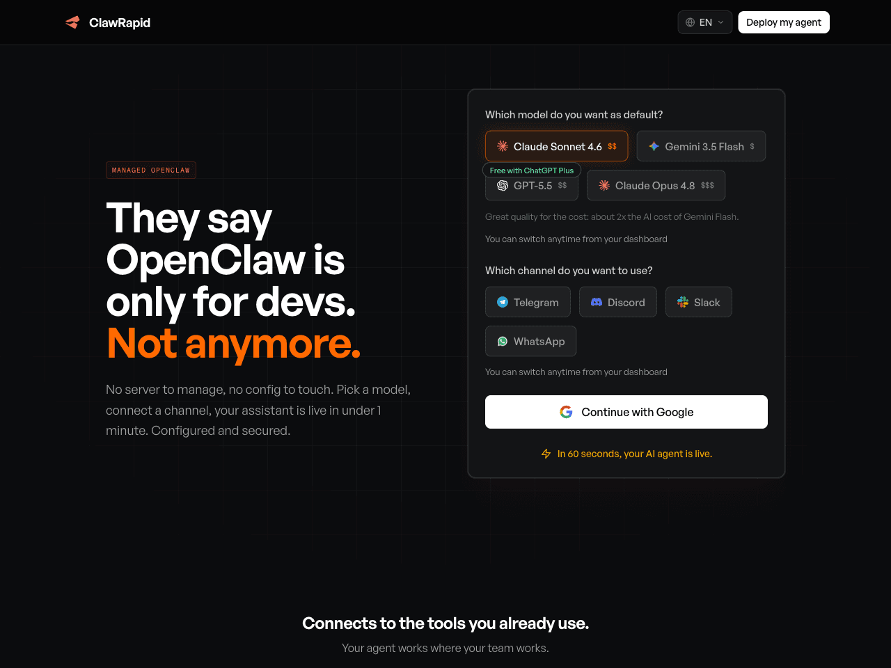 ClawRapid live product screenshot